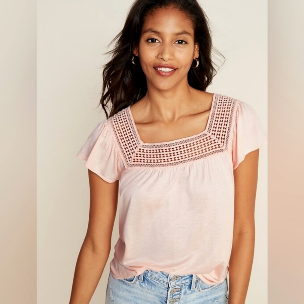 Old Navy Pink XL Square-Neck Lace-Trim Top